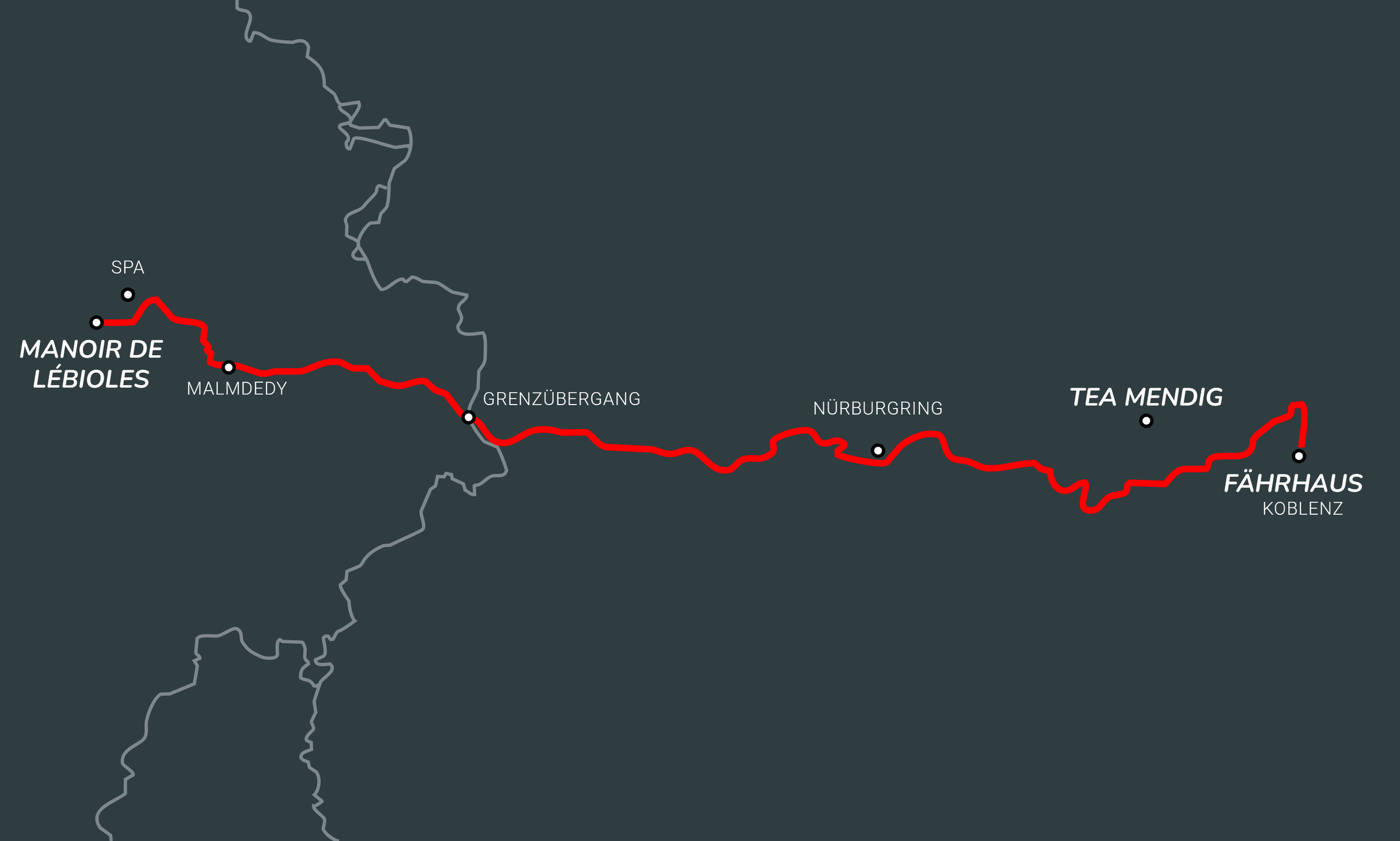 Route map of the afternoon tour of the Drive & Track Experience. Route from Manoir de Lébioles via Malmedy and Nürburgring to Mendig and Koblenz. 