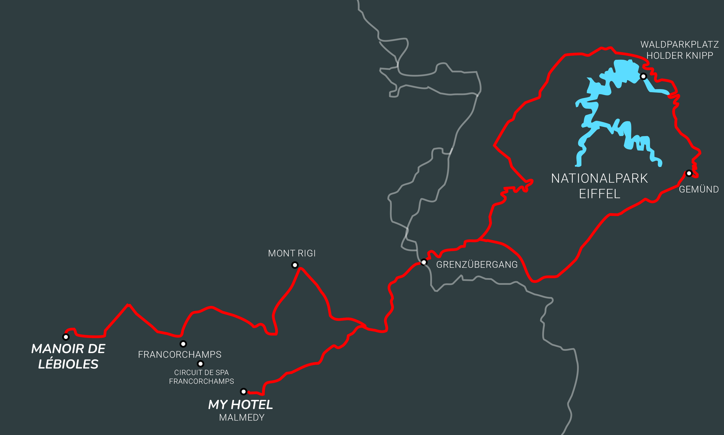 Route map of the morning tour of the Drive & Track Experience. Start at the Manoir de Lébioles, drive via Francorchamps, Mont Rigi and Gemünd to the Eifel National Park. 