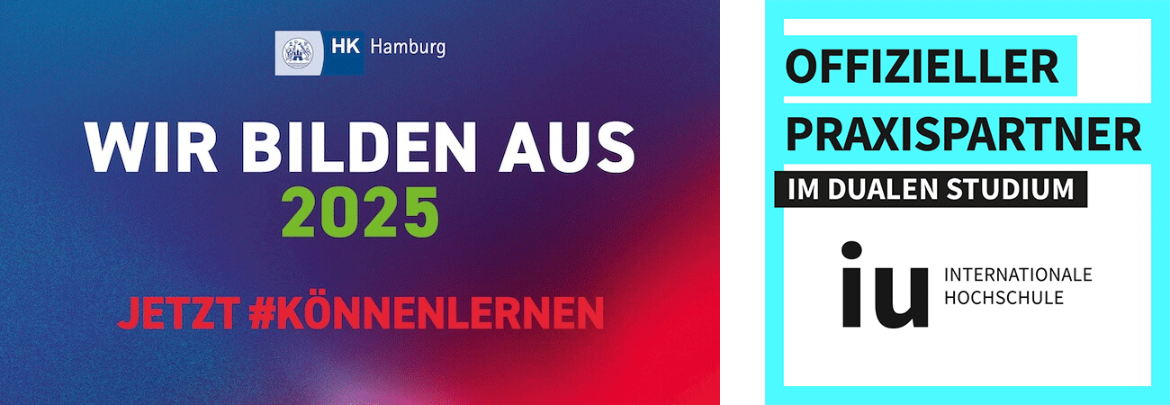 Wir bilden aus 2025 – jetzt #könnenlernen. Offizieller Praxispartner im dualen Studium mit der IU Internationalen Hochschule. IHK Hamburg.